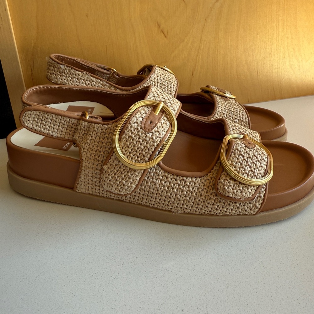 Dolce Vita Tan Woven Sandals with Gold Accents